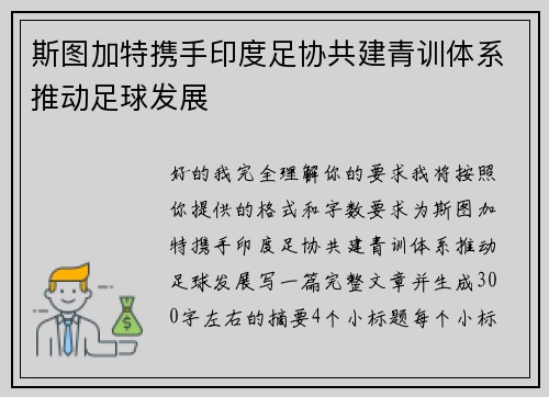 斯图加特携手印度足协共建青训体系推动足球发展 斯图加特携手印度足协共建青训体系推动足球发展
