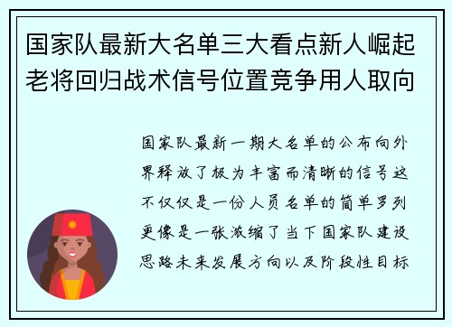 国家队最新大名单三大看点新人崛起老将回归战术信号位置竞争用人取向